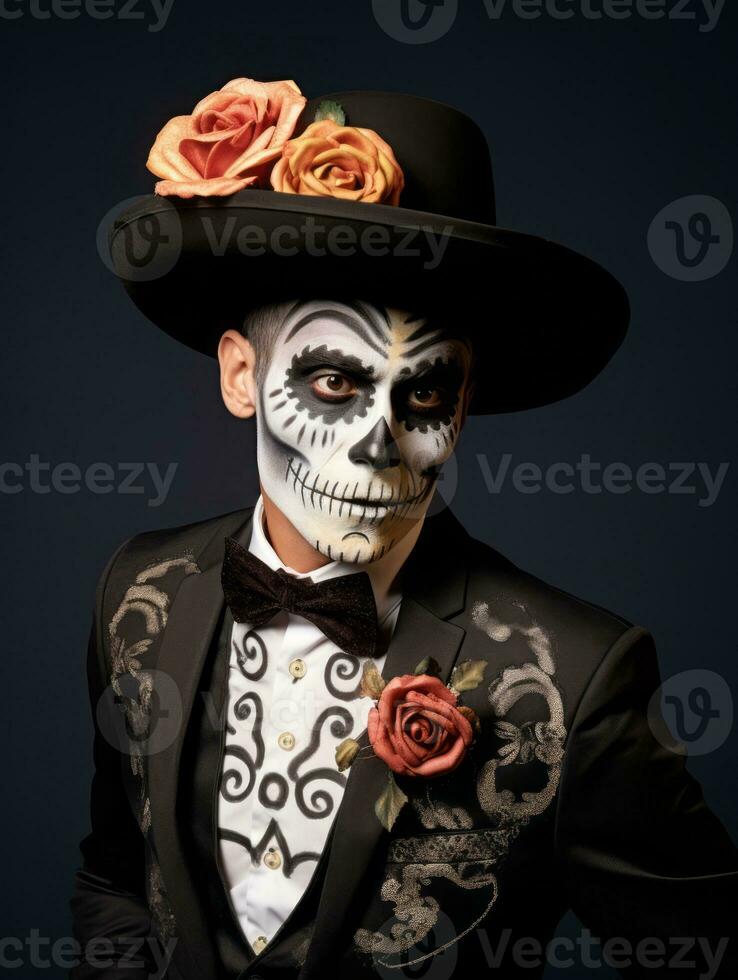 man in Day of the Dead makeup with playful pose AI Generative photo