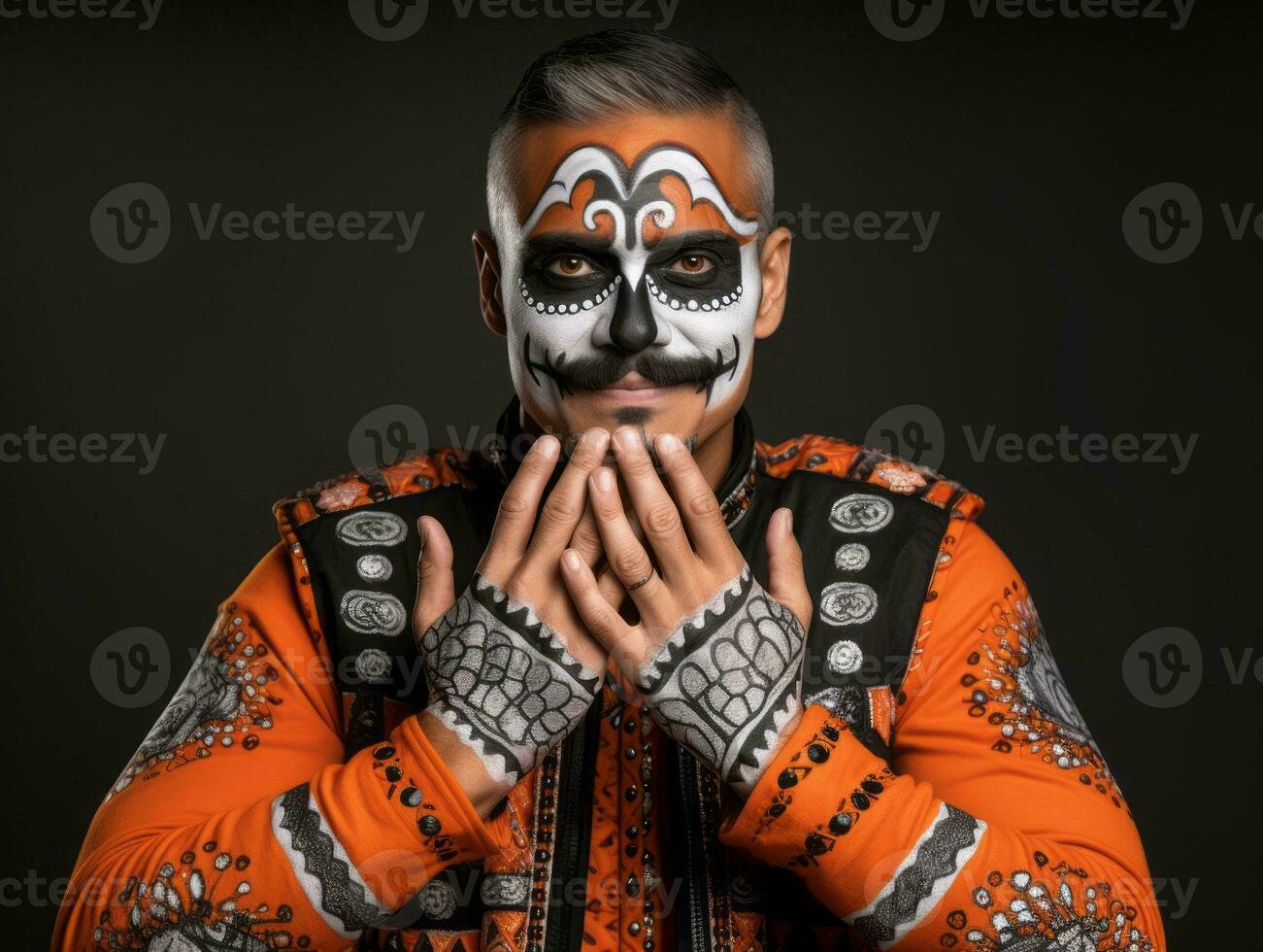 man in Day of the Dead makeup with playful pose AI Generative photo