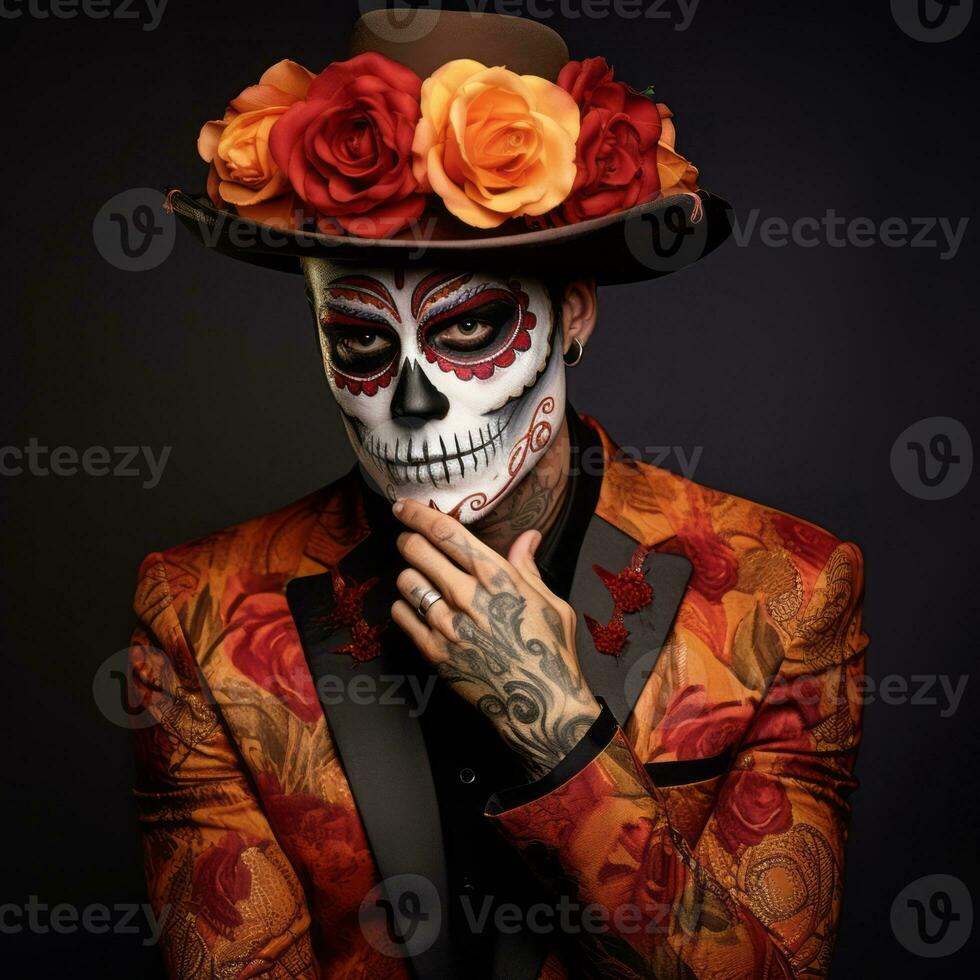 man in Day of the Dead makeup with playful pose AI Generative photo