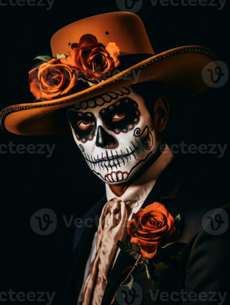 man in Day of the Dead makeup with playful pose AI Generative photo