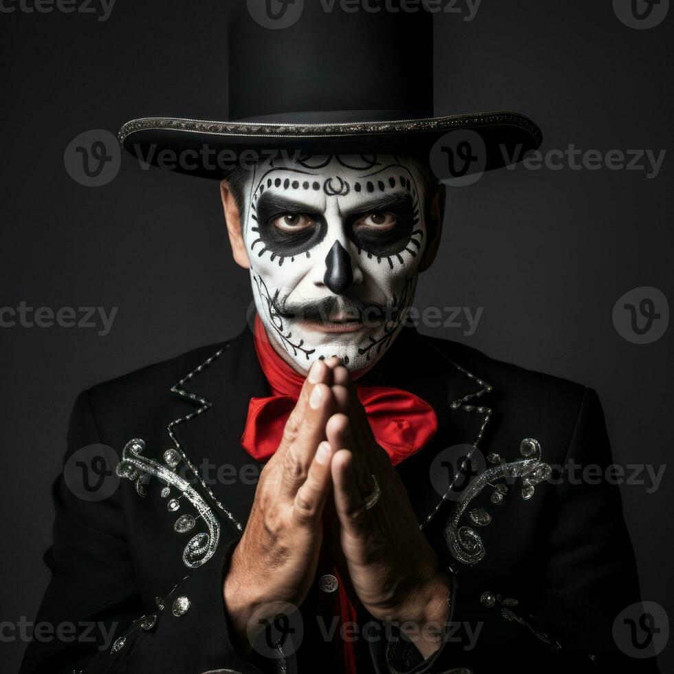 man in Day of the Dead makeup with playful pose AI Generative photo