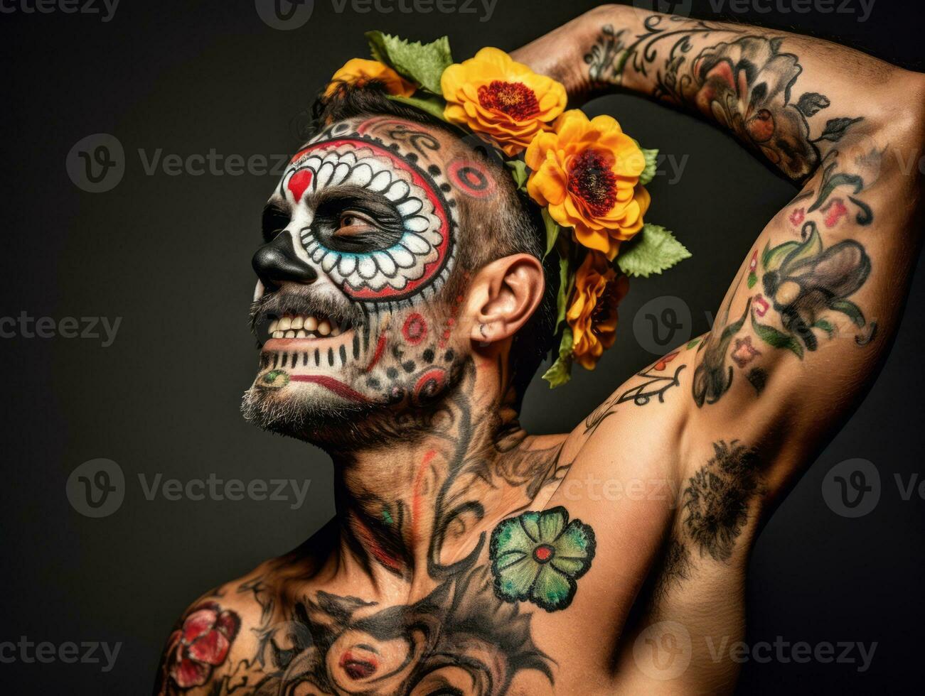 man in Day of the Dead makeup with playful pose AI Generative photo