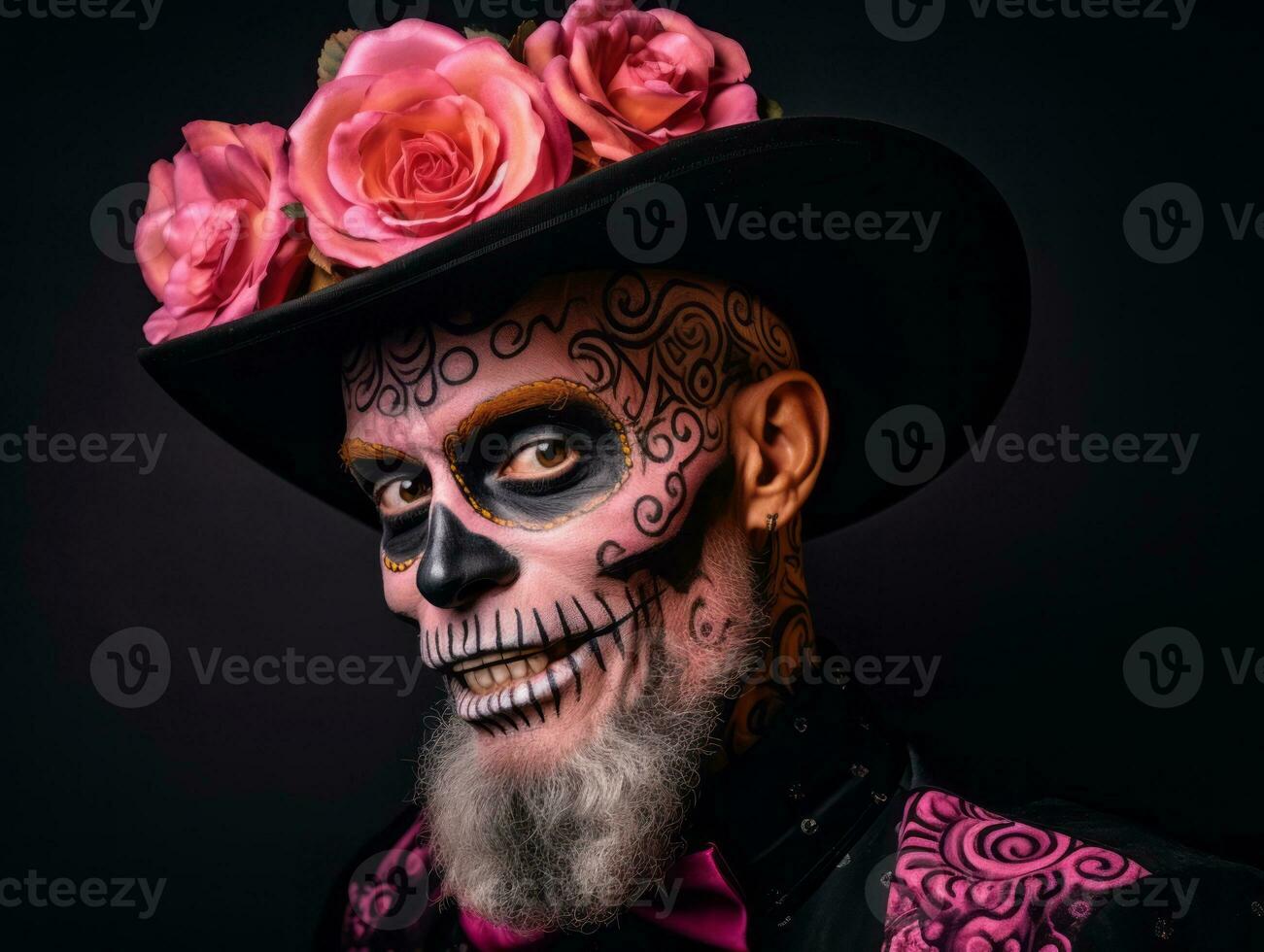 man in Day of the Dead makeup with playful pose AI Generative photo