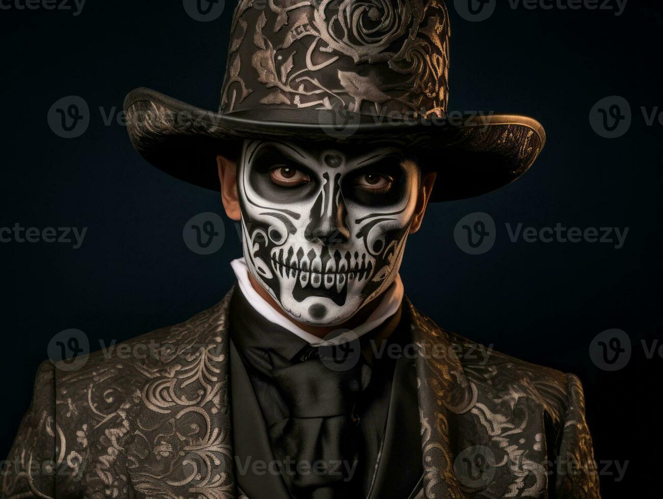 man in Day of the Dead makeup with playful pose AI Generative photo