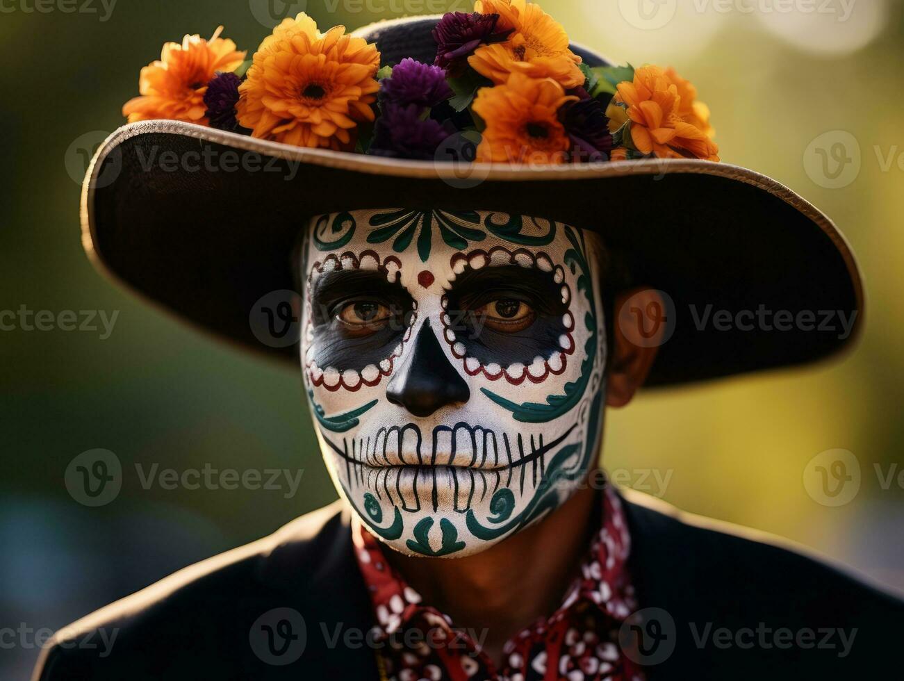 man in Day of the Dead makeup with playful pose AI Generative photo