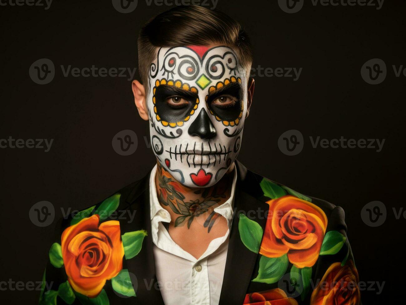 man in Day of the Dead makeup with playful pose AI Generative photo