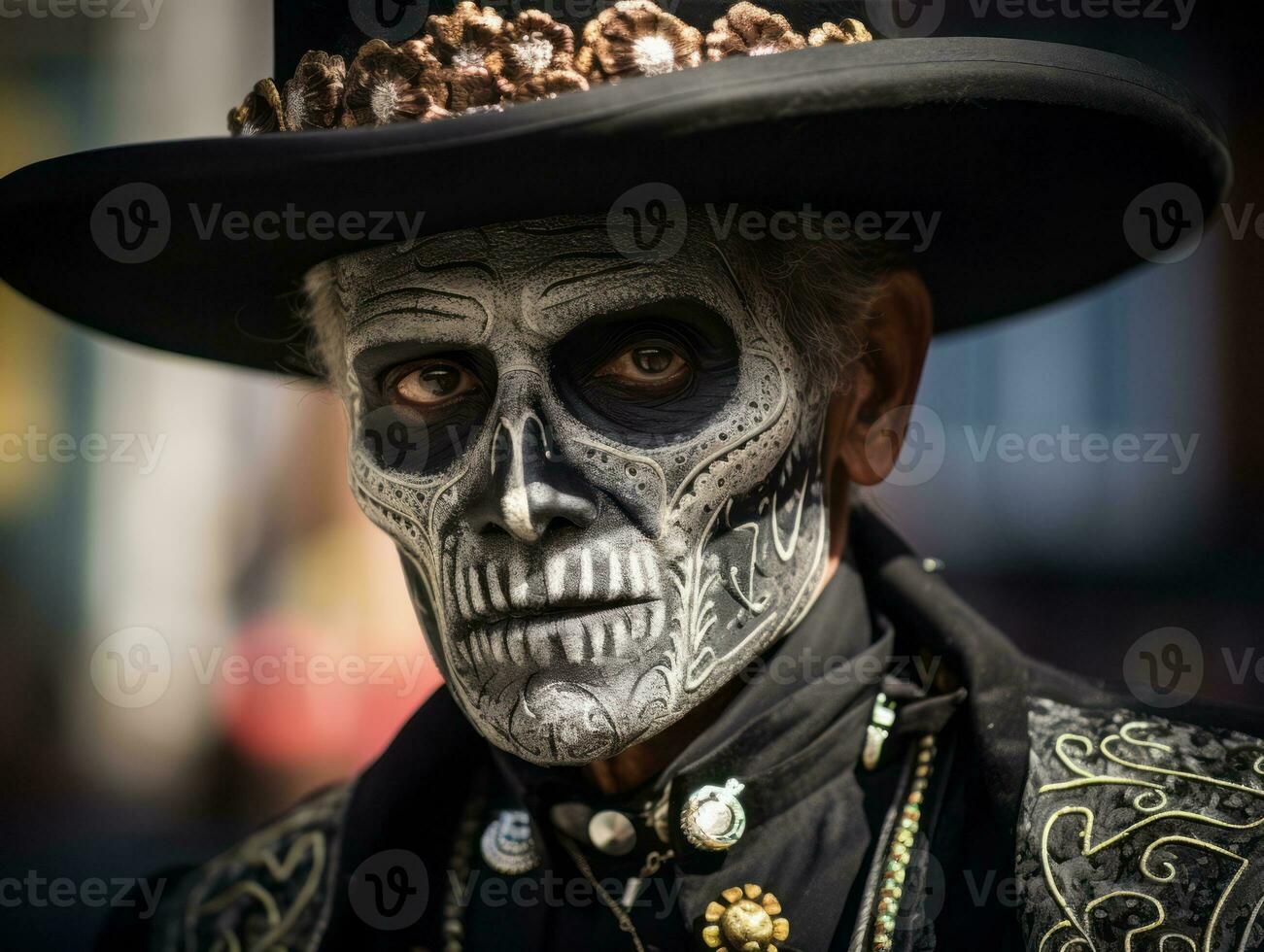 man in Day of the Dead makeup with playful pose AI Generative photo