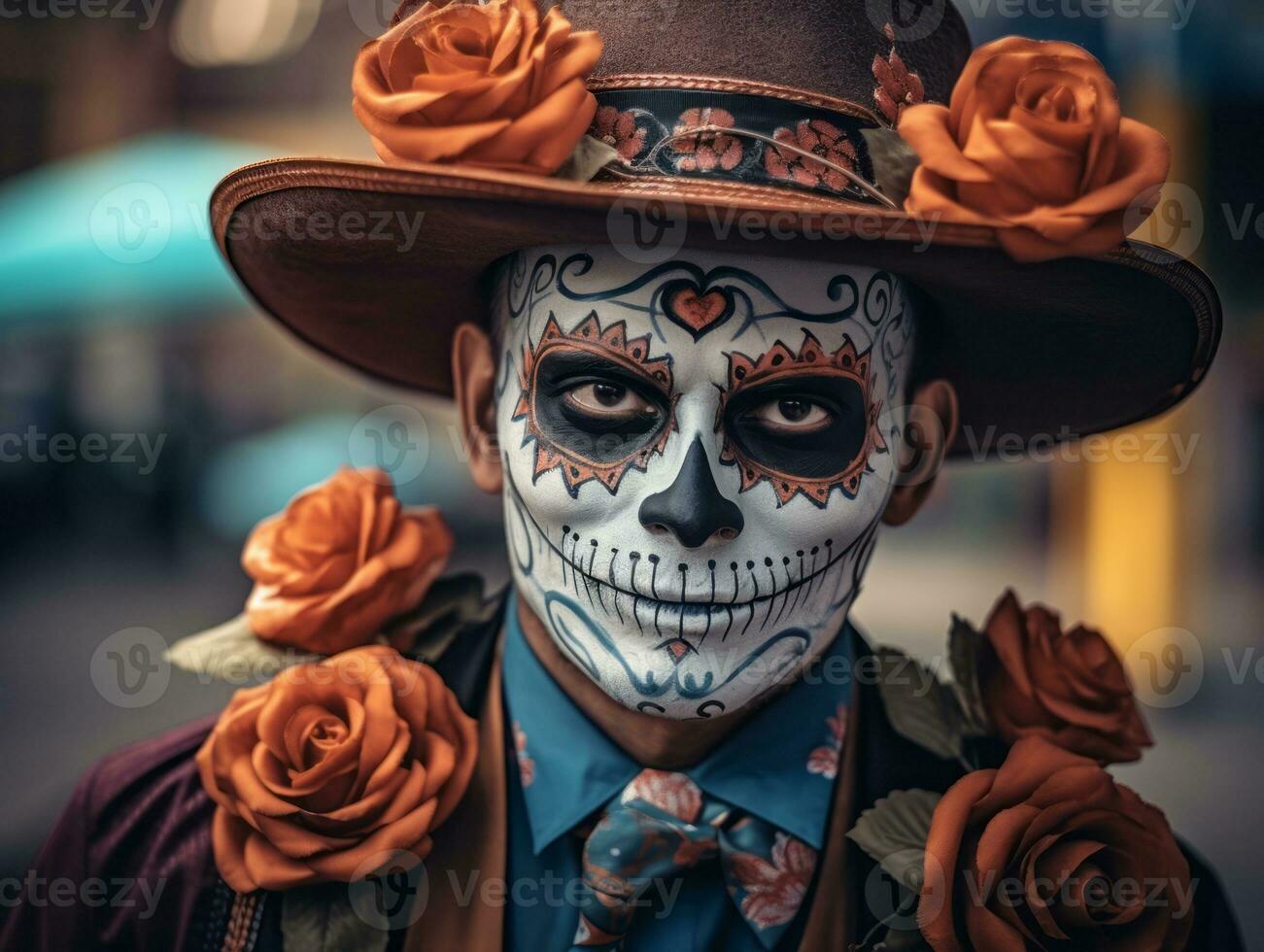 man in Day of the Dead makeup with playful pose AI Generative photo