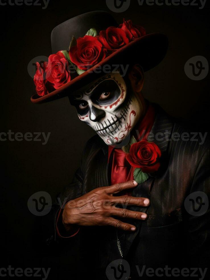 man in Day of the Dead makeup with playful pose AI Generative photo