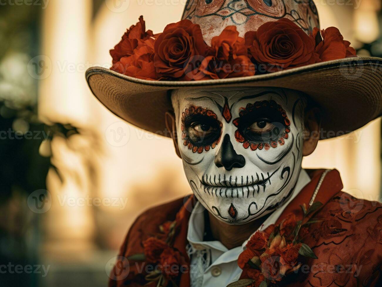 man in Day of the Dead makeup with playful pose AI Generative photo