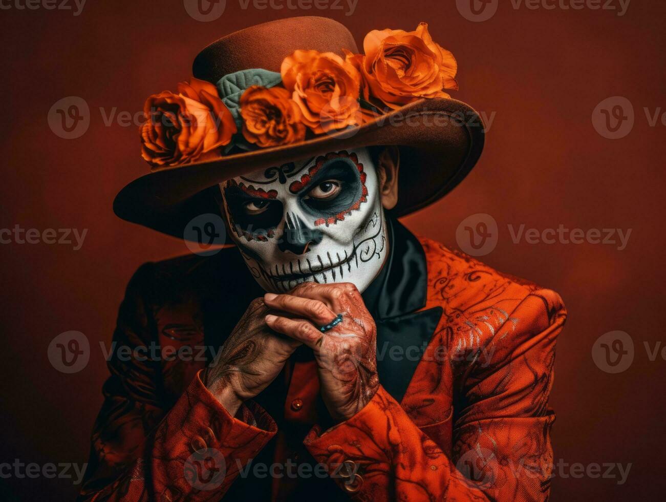 man in Day of the Dead makeup with playful pose AI Generative photo