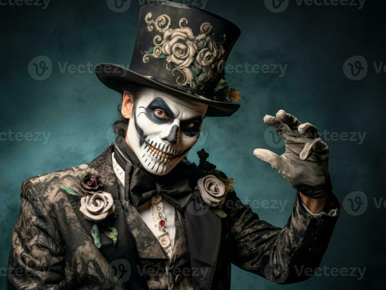 man in Day of the Dead makeup with playful pose AI Generative photo