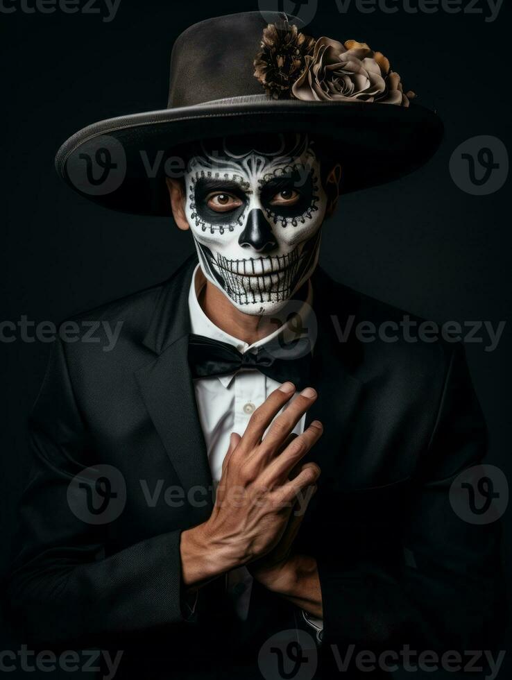 man in Day of the Dead makeup with playful pose AI Generative photo