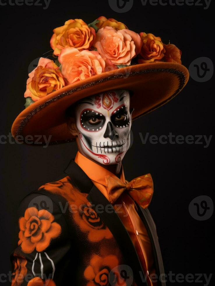 man in Day of the Dead makeup with playful pose AI Generative photo