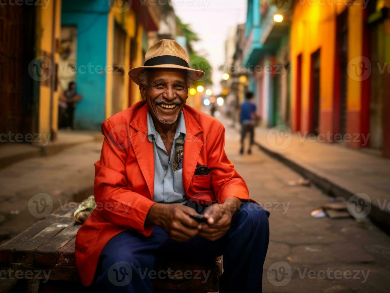 old man from Colombia using a smartphone for online communication AI Generative photo