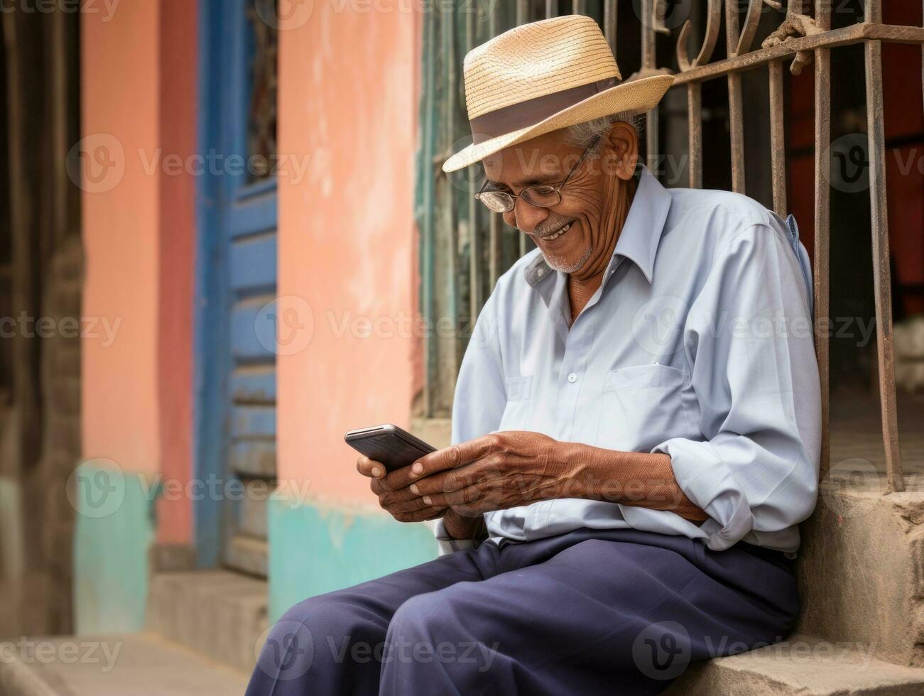 antiguo hombre desde Colombia utilizando un teléfono inteligente para en línea comunicación ai generativo foto