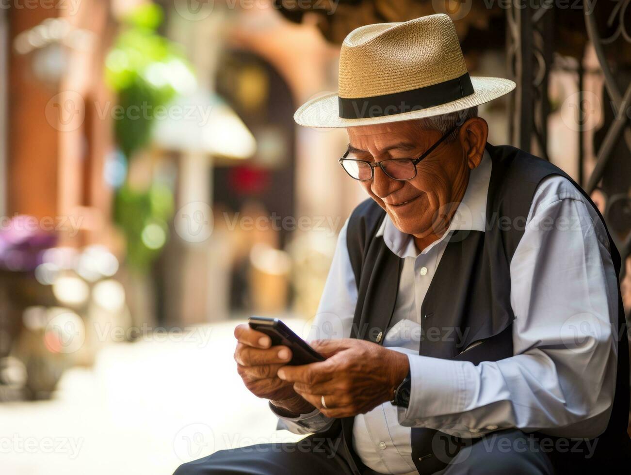 antiguo hombre desde Colombia utilizando un teléfono inteligente para en línea comunicación ai generativo foto