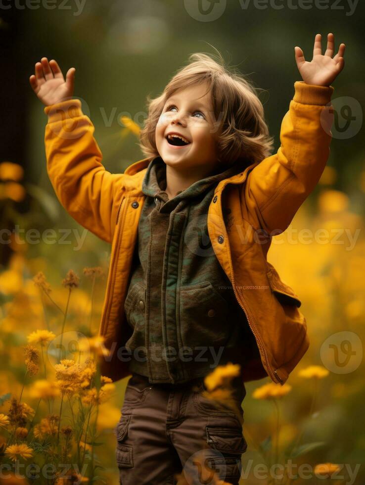 European kid in playful emontional dynamic pose on autumn background AI Generative photo