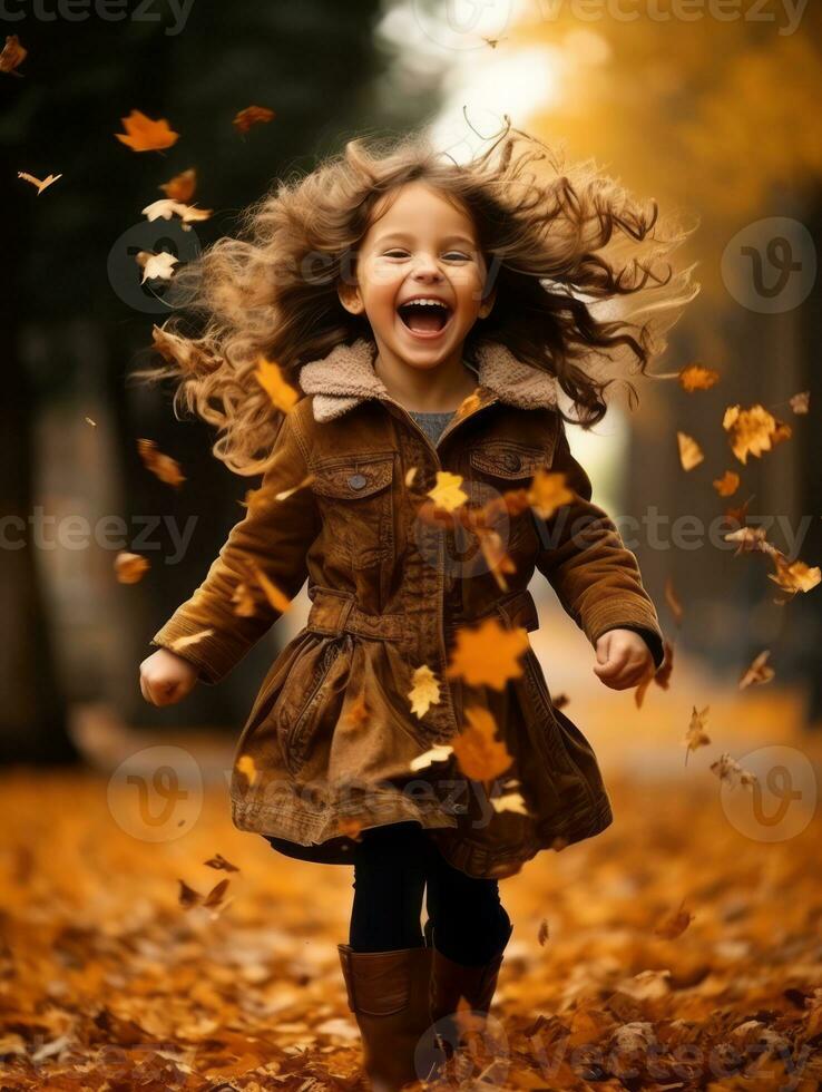 European kid in playful emontional dynamic pose on autumn background AI Generative photo