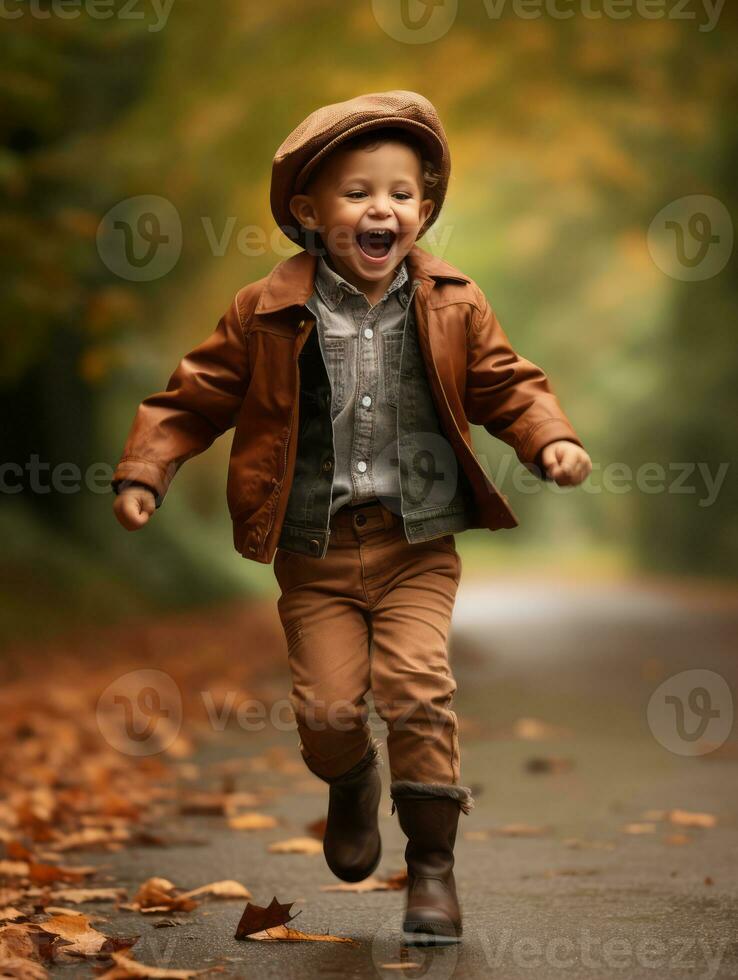 European kid in playful emontional dynamic pose on autumn background AI Generative photo