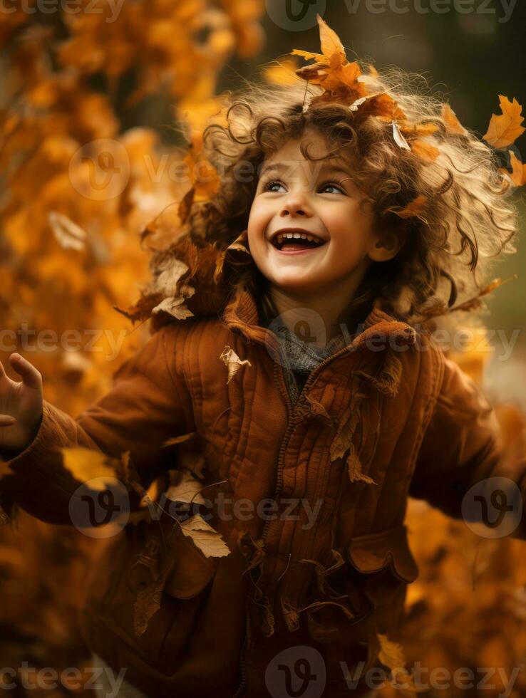 European kid in playful emontional dynamic pose on autumn background AI Generative photo