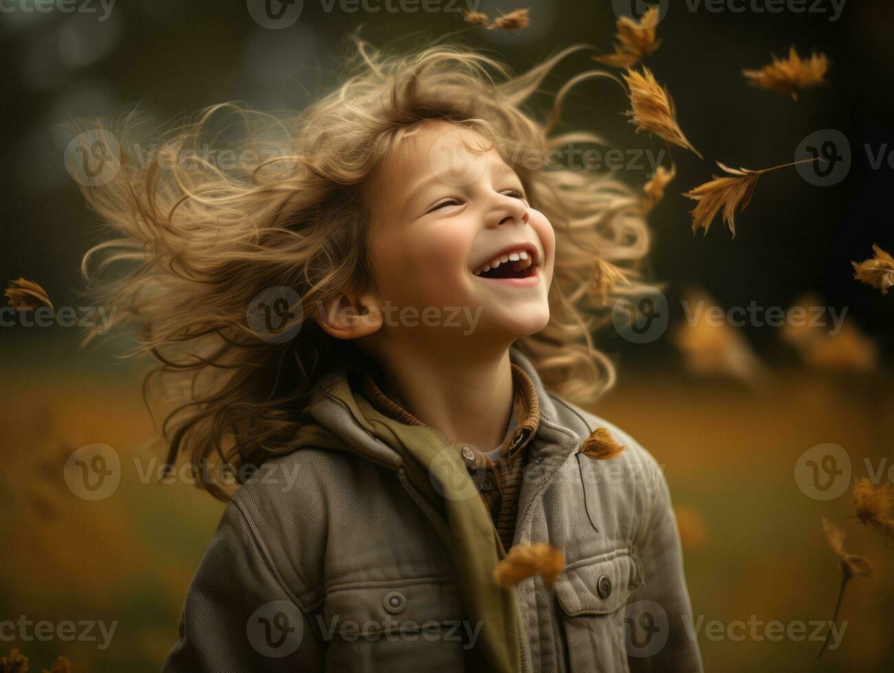 European kid in playful emontional dynamic pose on autumn background AI Generative photo