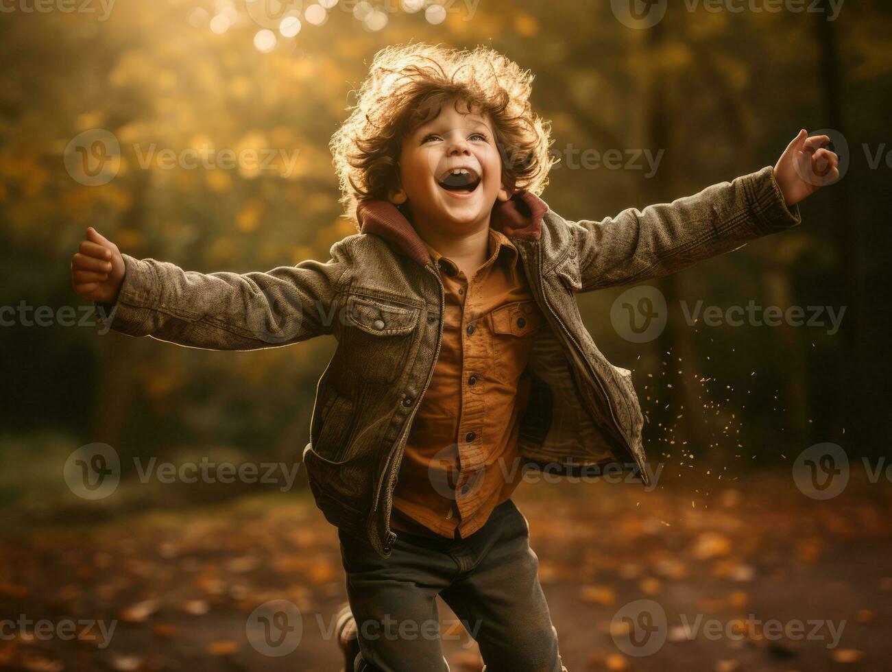 European kid in playful emontional dynamic pose on autumn background AI Generative photo