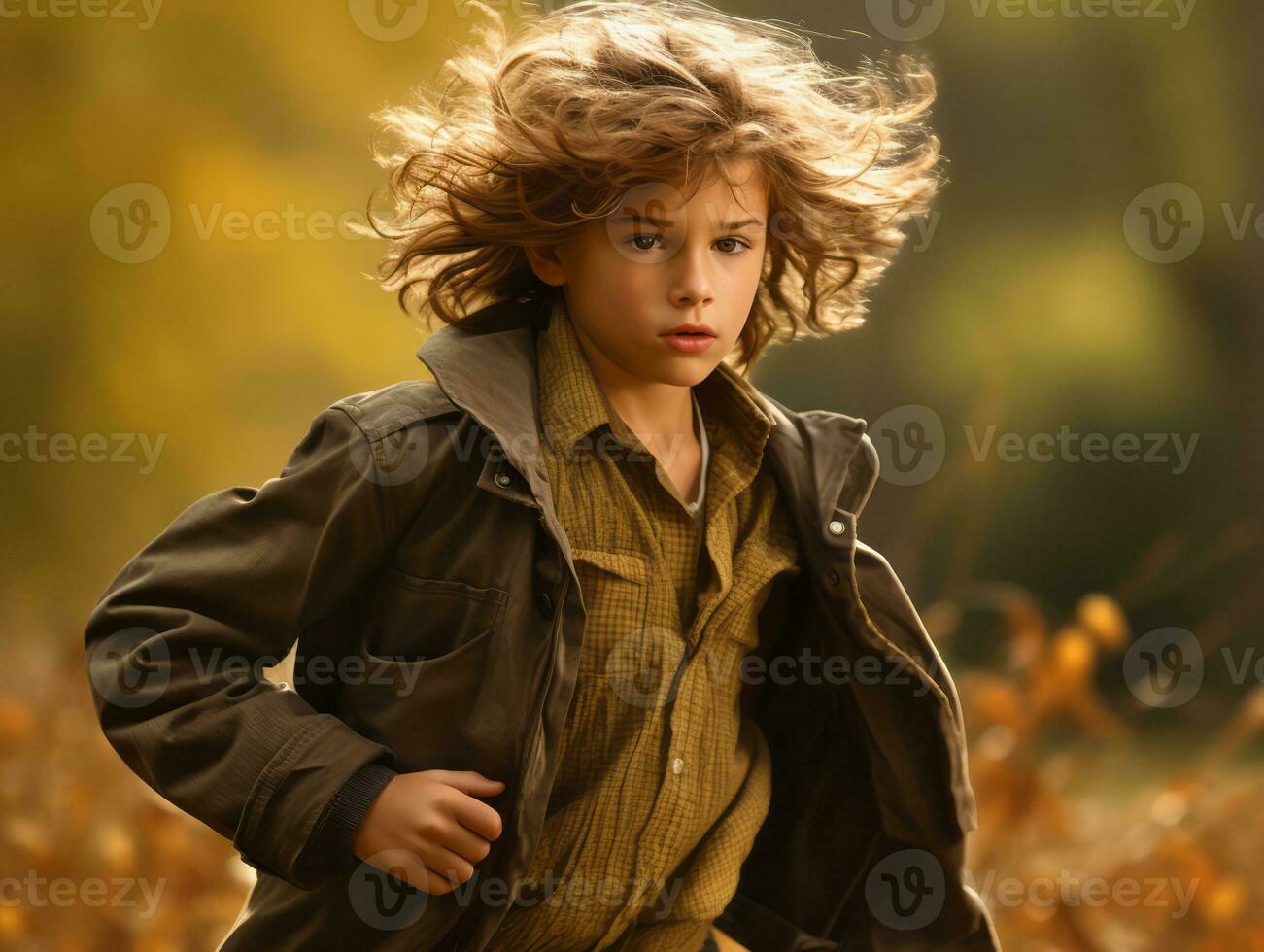 European kid in playful emontional dynamic pose on autumn background AI Generative photo