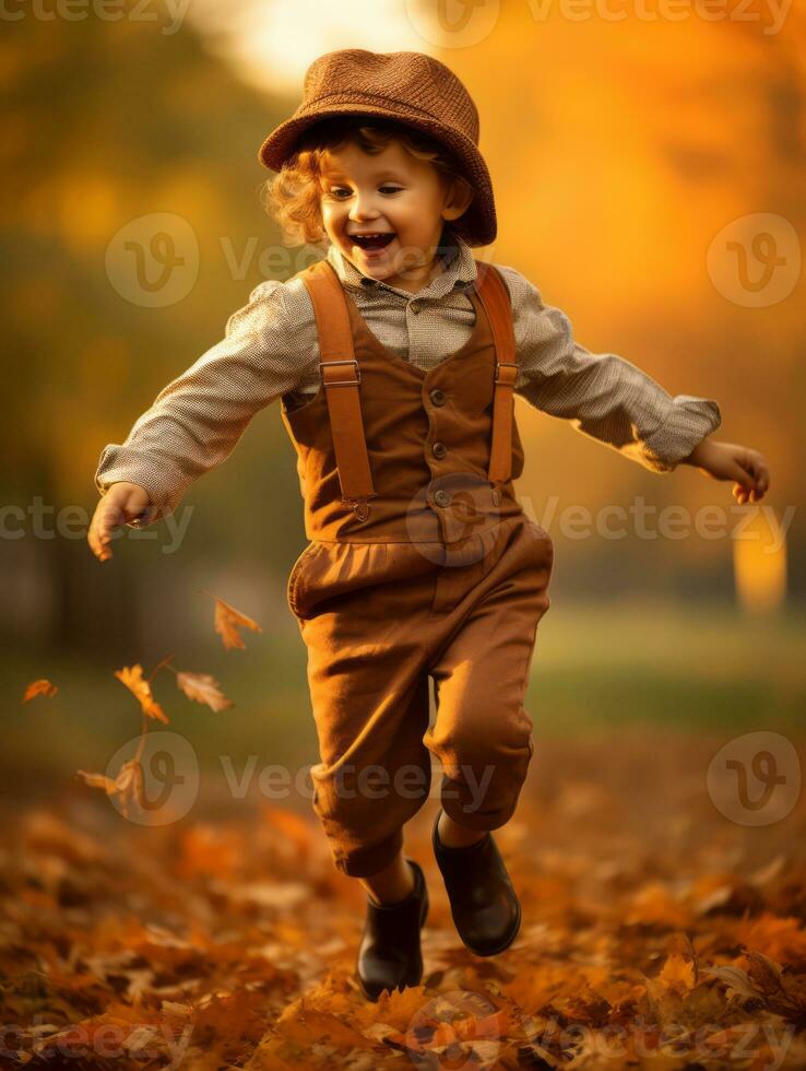 European kid in playful emontional dynamic pose on autumn background AI Generative photo