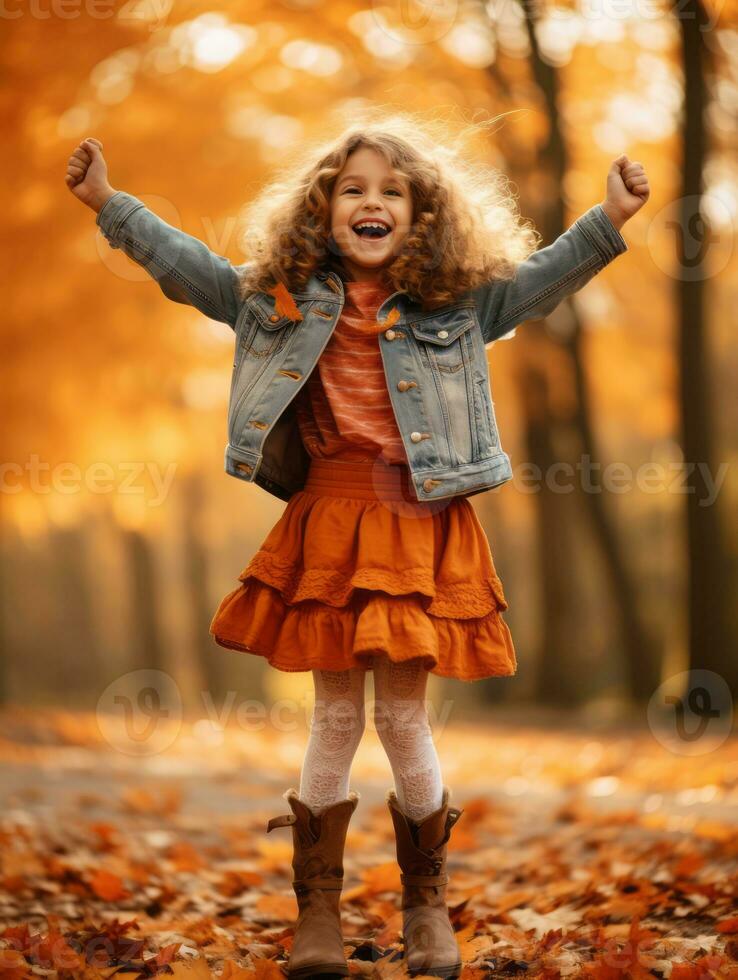 European kid in playful emontional dynamic pose on autumn background AI Generative photo
