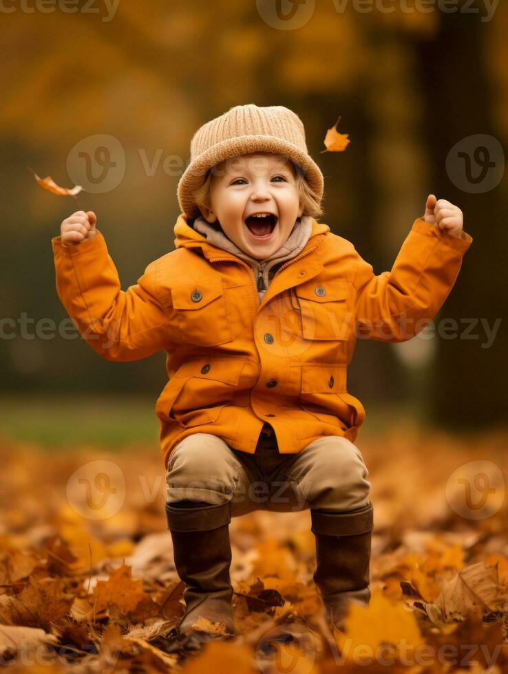 European kid in playful emontional dynamic pose on autumn background AI Generative photo