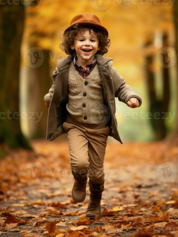 European kid in playful emontional dynamic pose on autumn background AI Generative photo