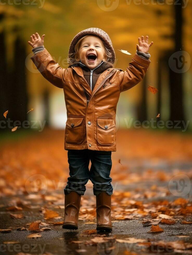 European kid in playful emontional dynamic pose on autumn background AI Generative photo