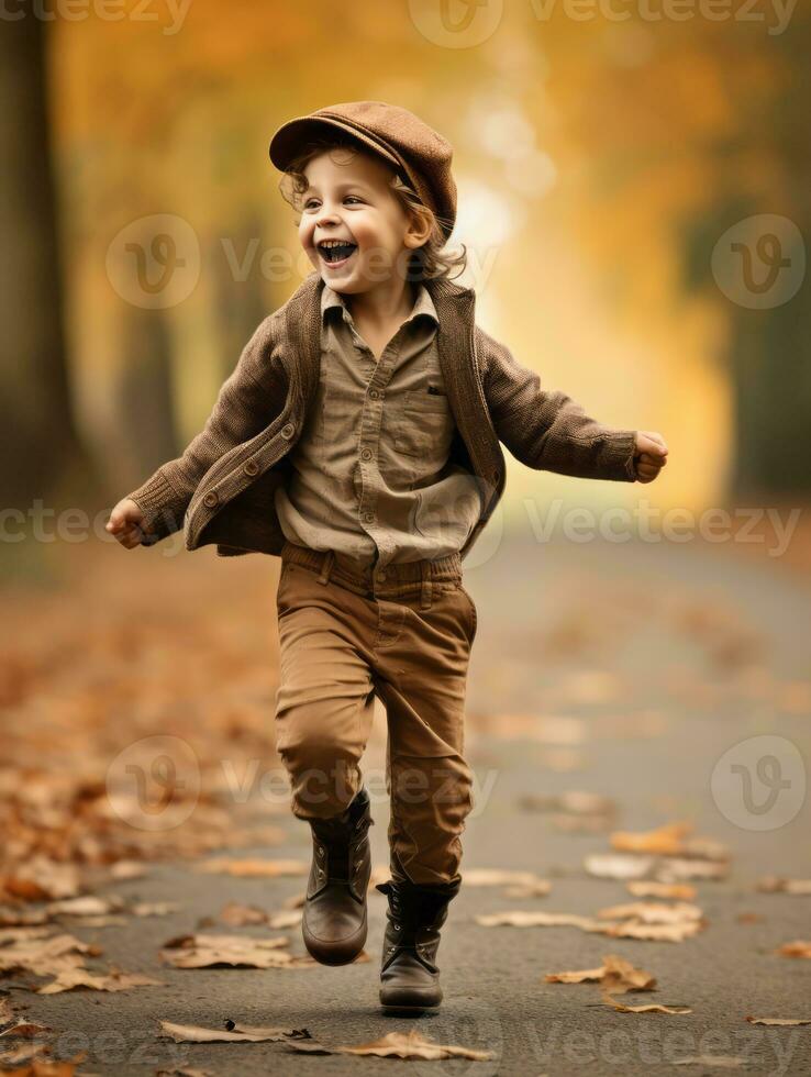 European kid in playful emontional dynamic pose on autumn background AI Generative photo