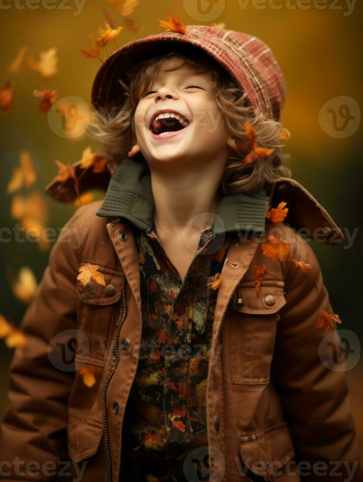 European kid in playful emontional dynamic pose on autumn background AI Generative photo