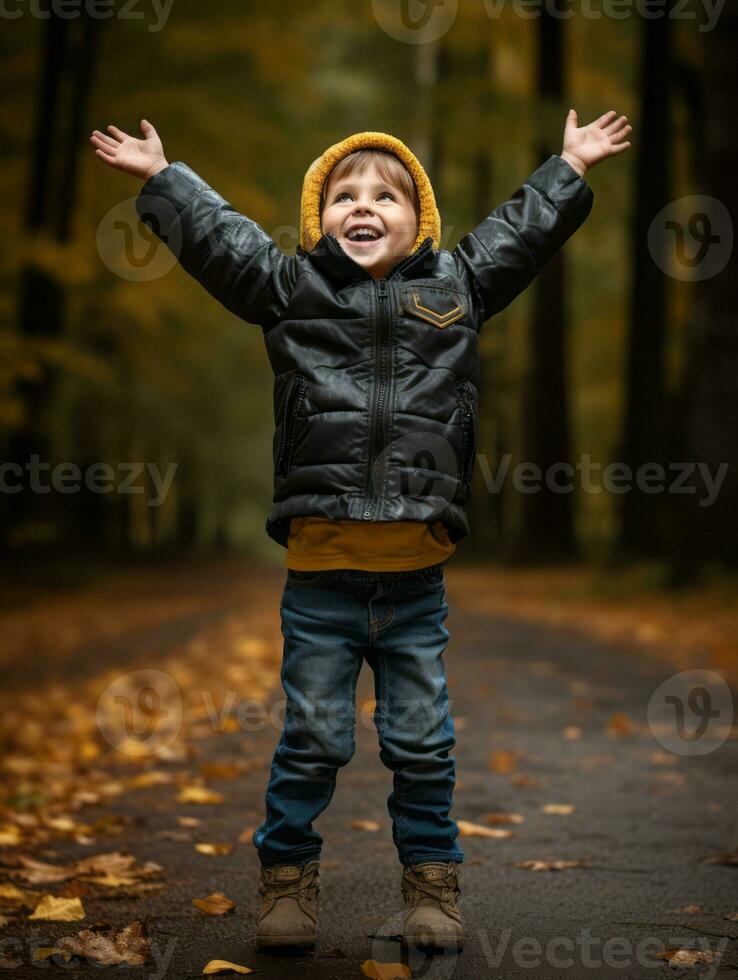 European kid in playful emontional dynamic pose on autumn background AI Generative photo