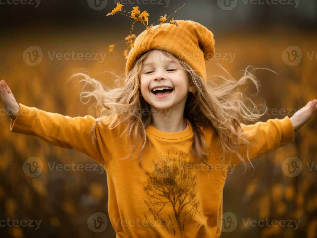 European kid in playful emontional dynamic pose on autumn background AI Generative photo