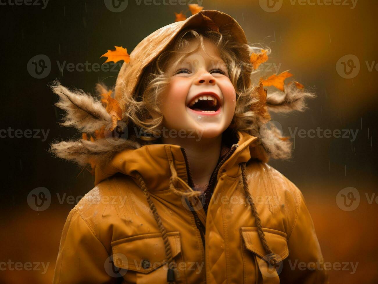 European kid in playful emontional dynamic pose on autumn background AI Generative photo