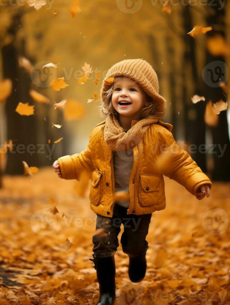 European kid in playful emontional dynamic pose on autumn background AI Generative photo