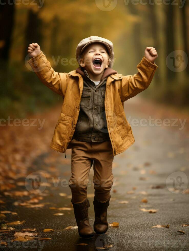 European kid in playful emontional dynamic pose on autumn background AI Generative photo