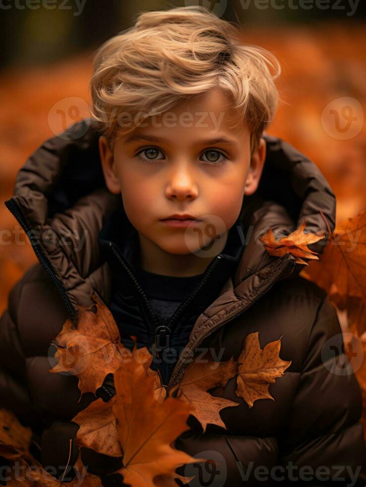 European kid in playful emontional dynamic pose on autumn background AI Generative photo