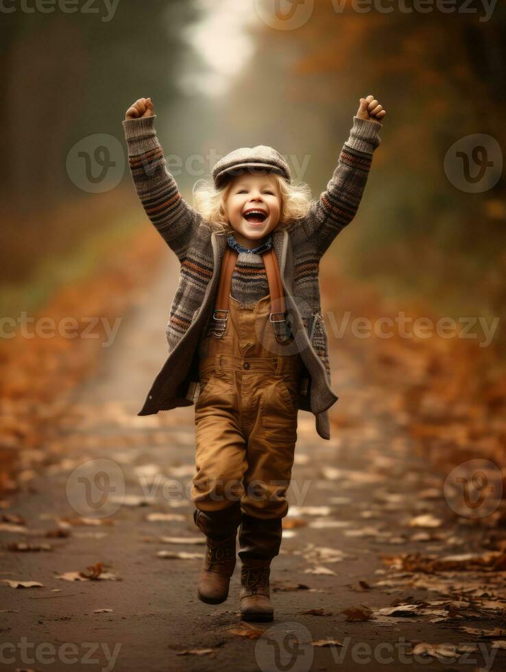 European kid in playful emontional dynamic pose on autumn background AI Generative photo