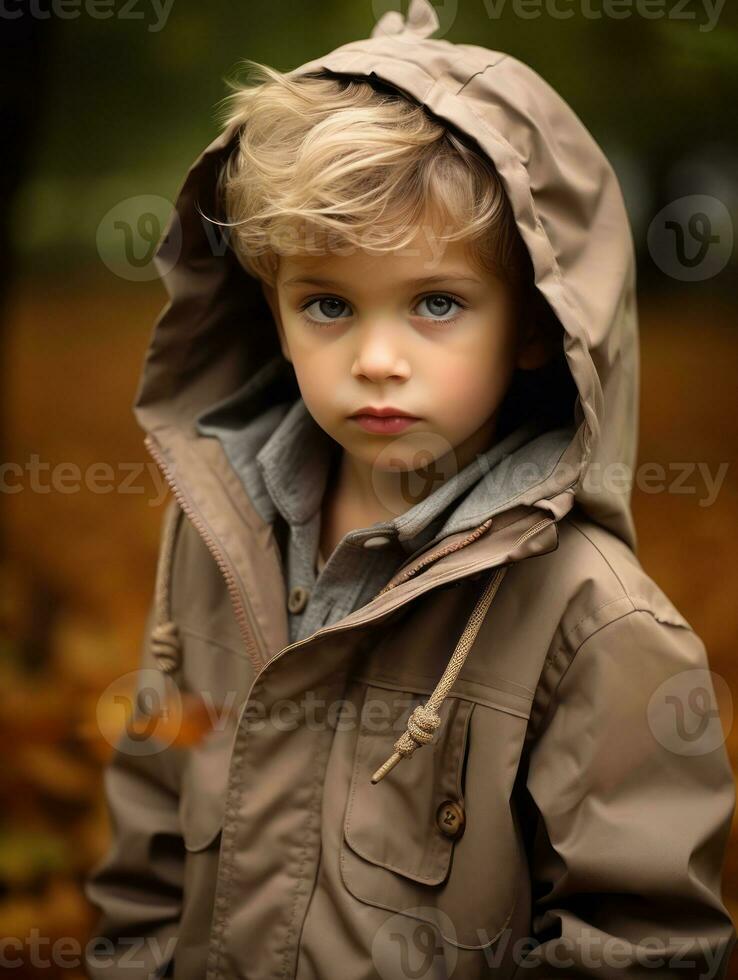 European kid in playful emontional dynamic pose on autumn background AI Generative photo