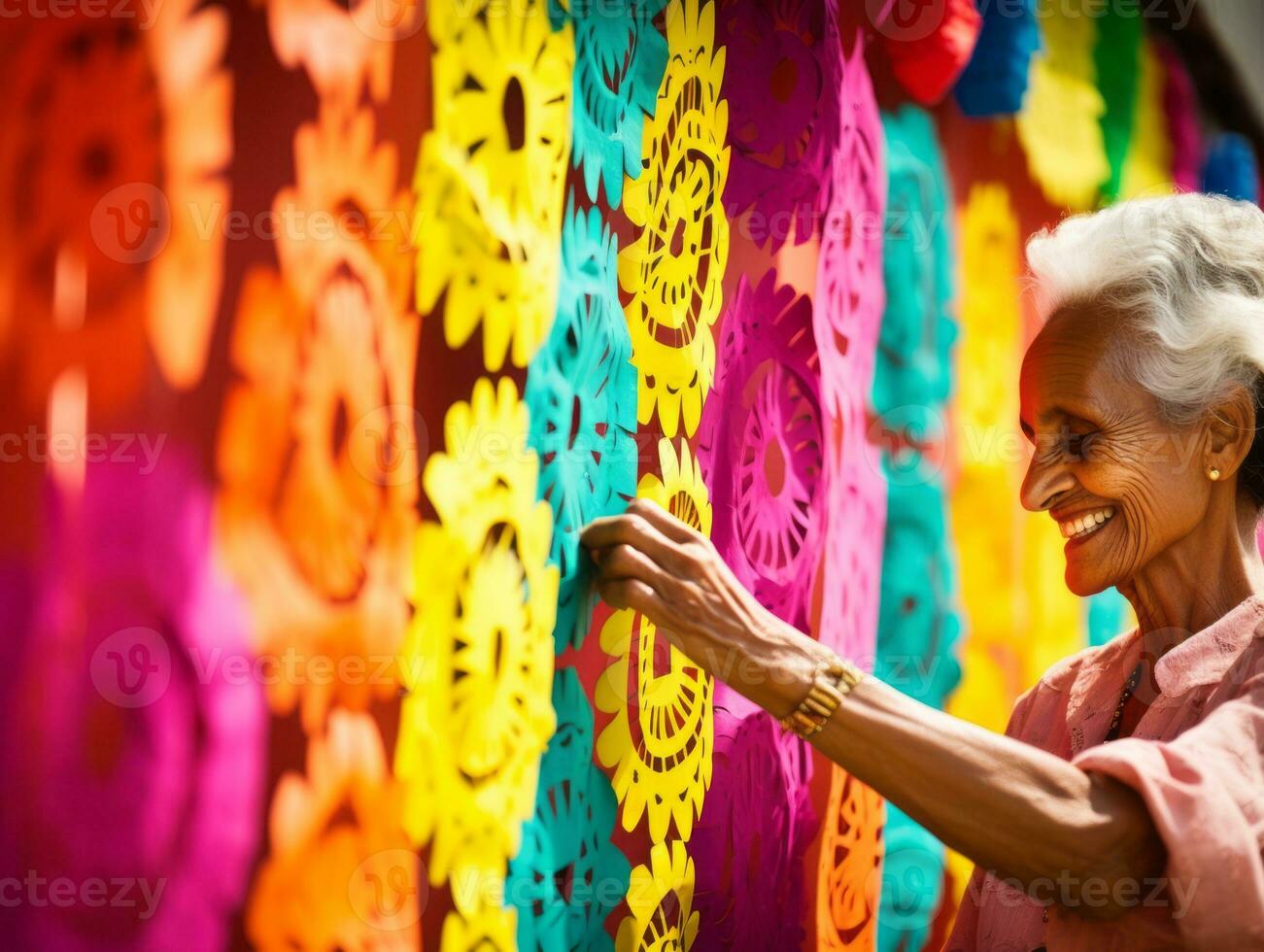 Women create papel picado colorful paper decorations AI Generative photo