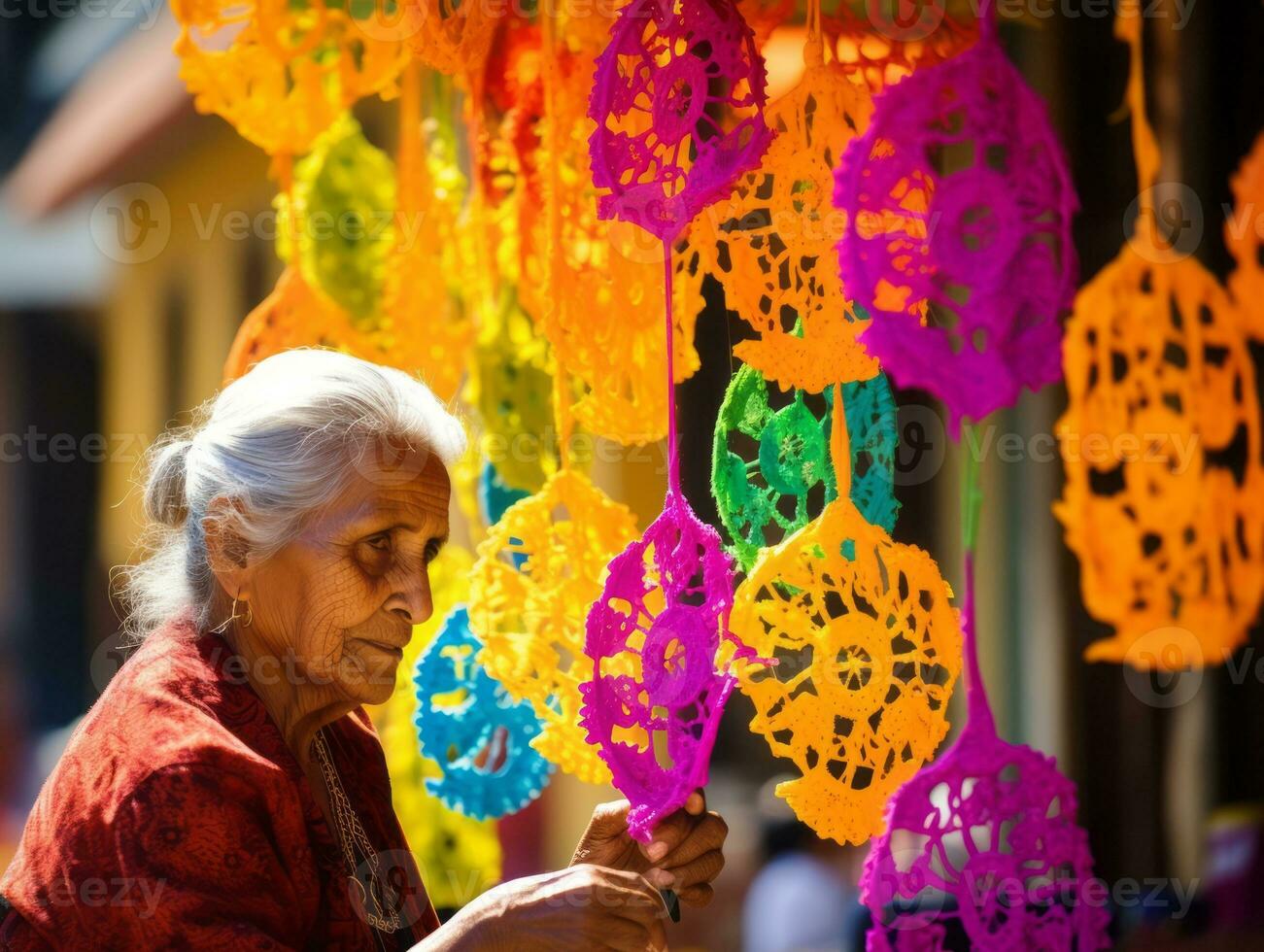 Women create papel picado colorful paper decorations AI Generative photo