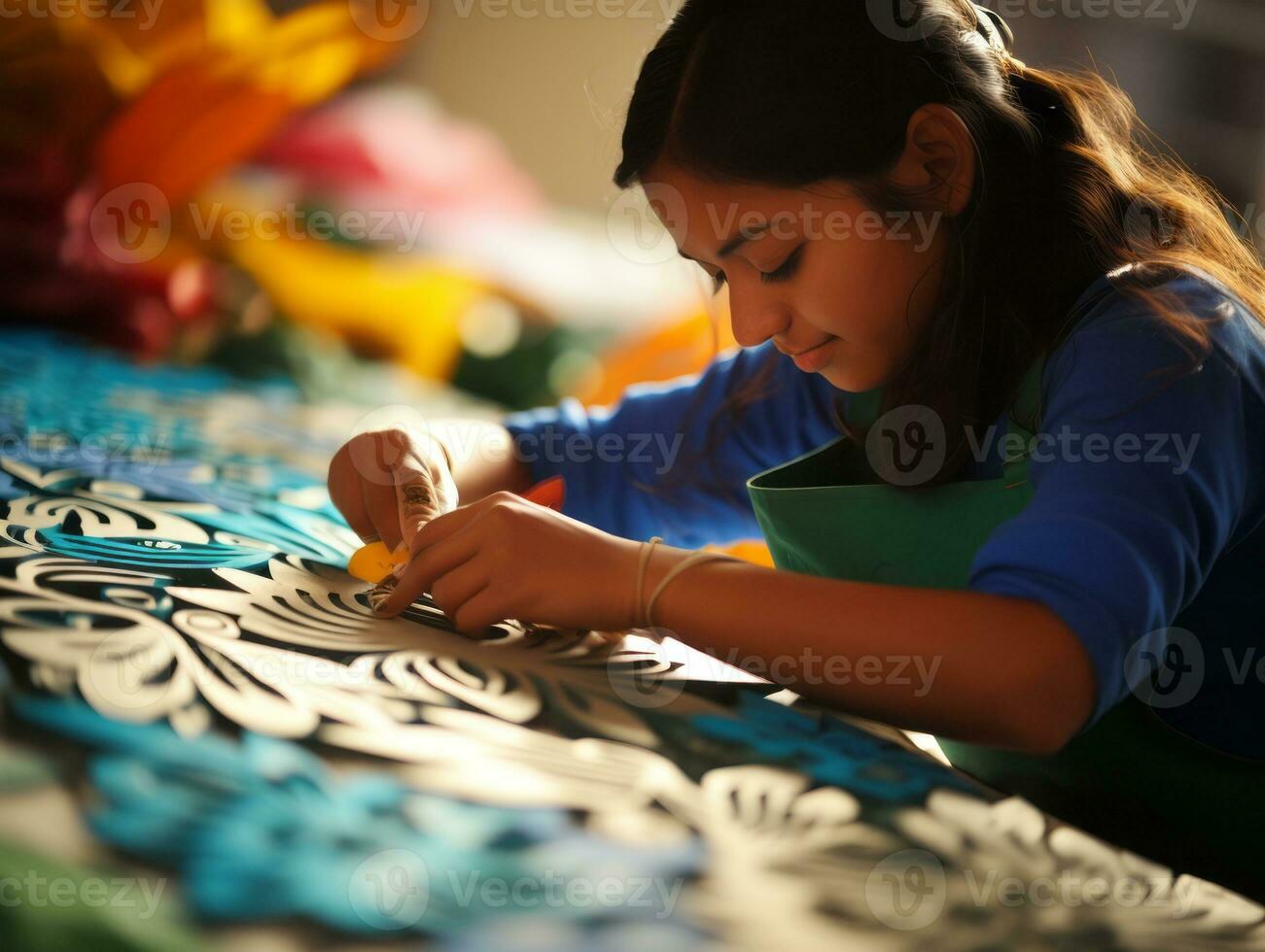 mujer crear papel picado vistoso papel decoraciones ai generativo foto