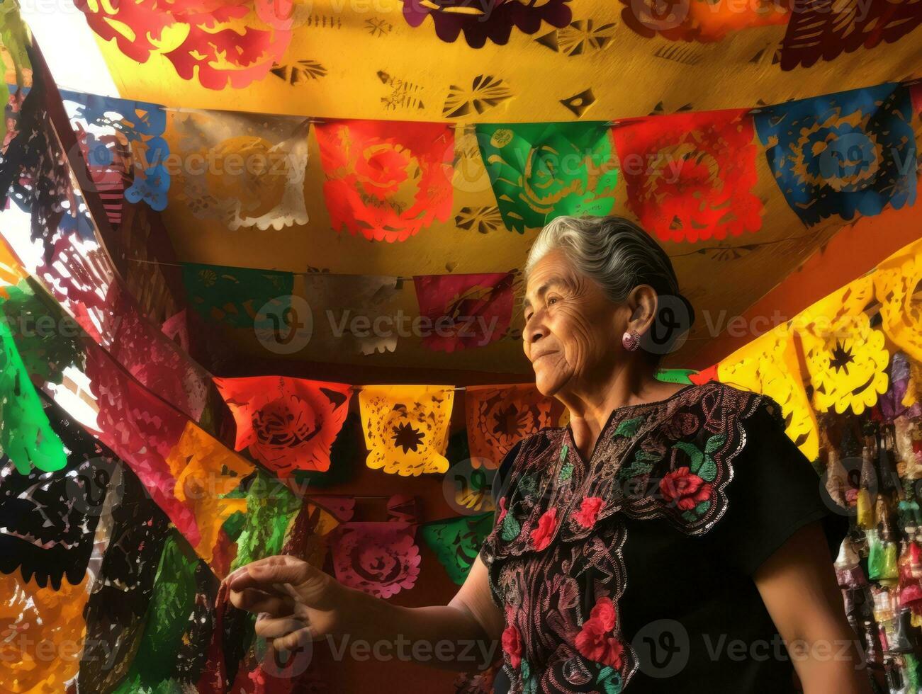 Women create papel picado colorful paper decorations AI Generative photo