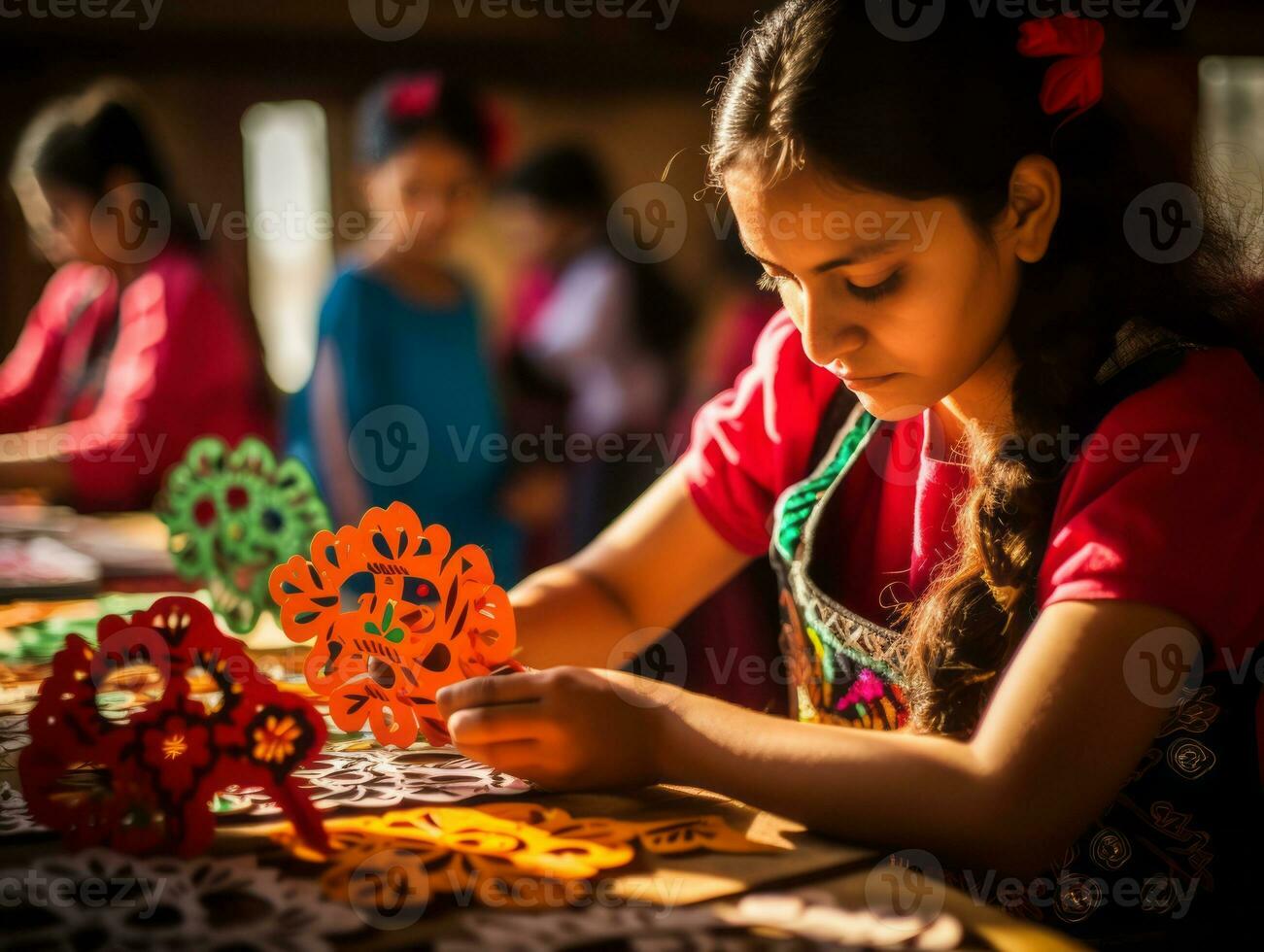 Women create papel picado colorful paper decorations AI Generative photo