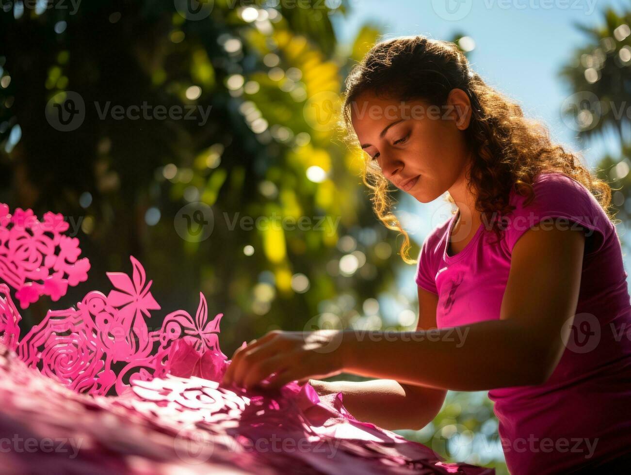 Women create papel picado colorful paper decorations AI Generative photo