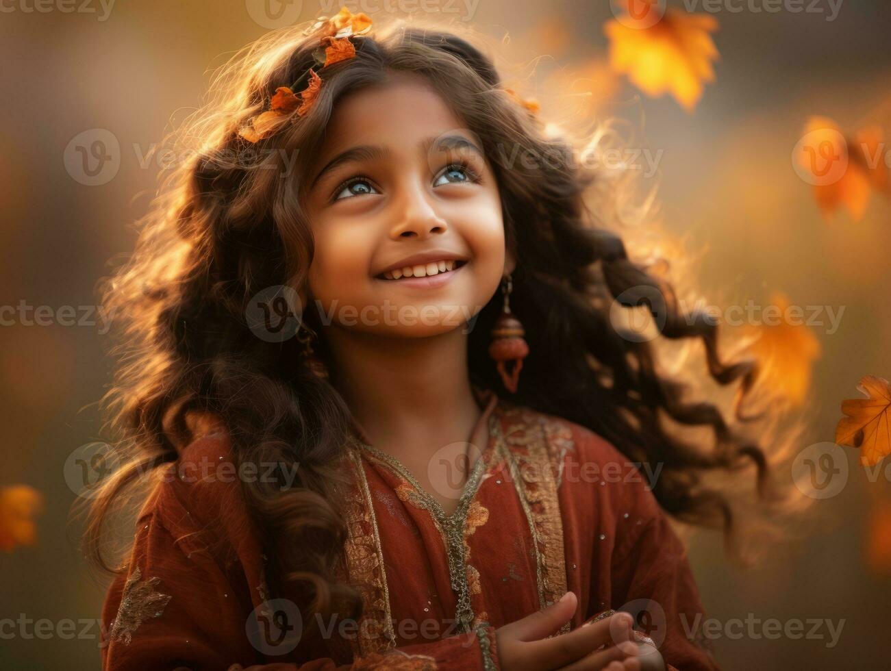 Indian kid in playful emontional dynamic pose on autumn background AI Generative photo